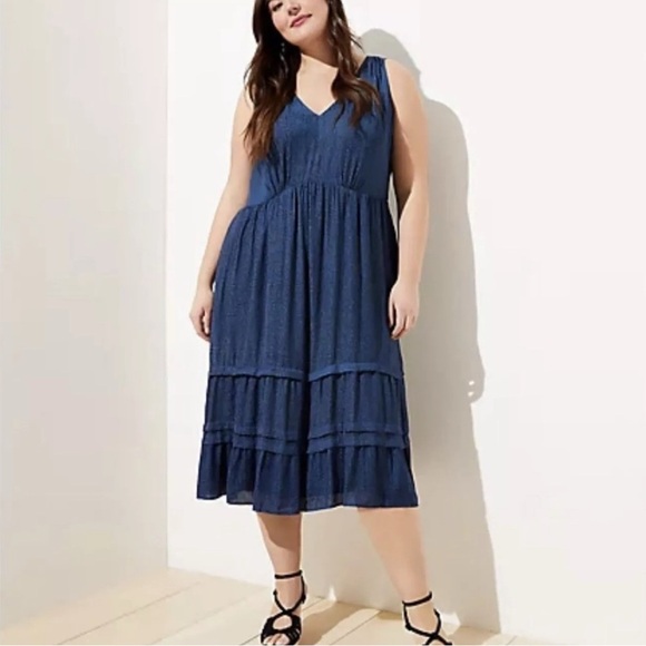 Loft New Blue Spotted Tiered Pocket Midi Dress sleeveless size 14 - Picture 1 of 13